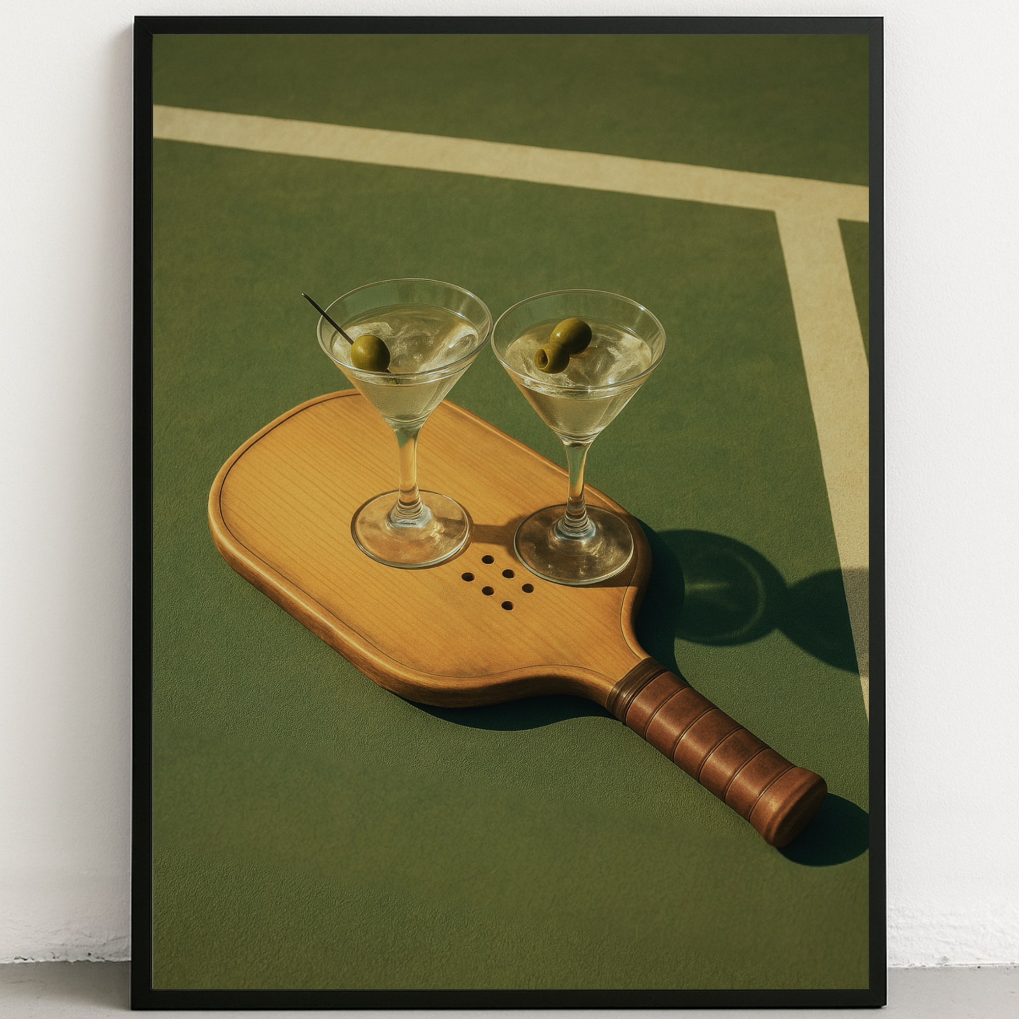 Vintage-style pickleball wall art print showing a paddle with garnished martini glasses on a green court background. Retro illustration for home or bar decor.