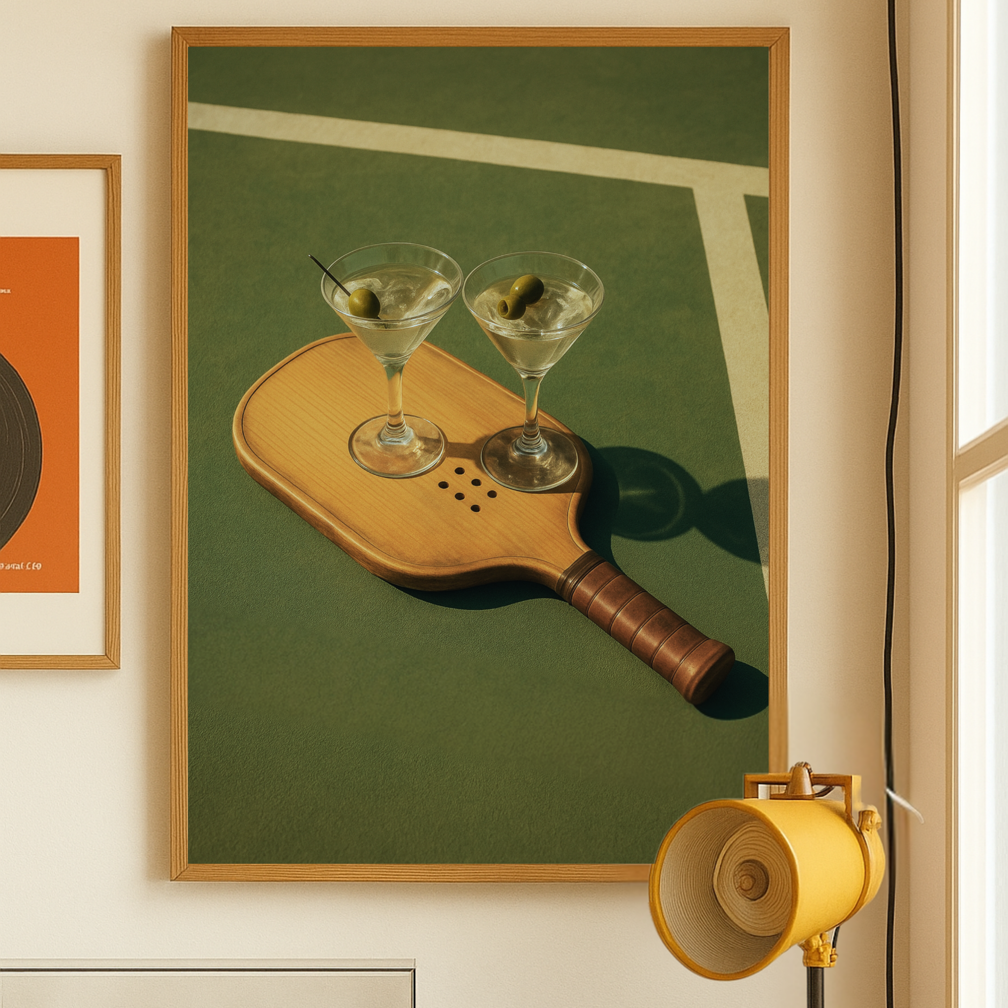 Vintage-style pickleball wall art print showing a paddle with garnished martini glasses on a green court background. Retro illustration for home or bar decor.