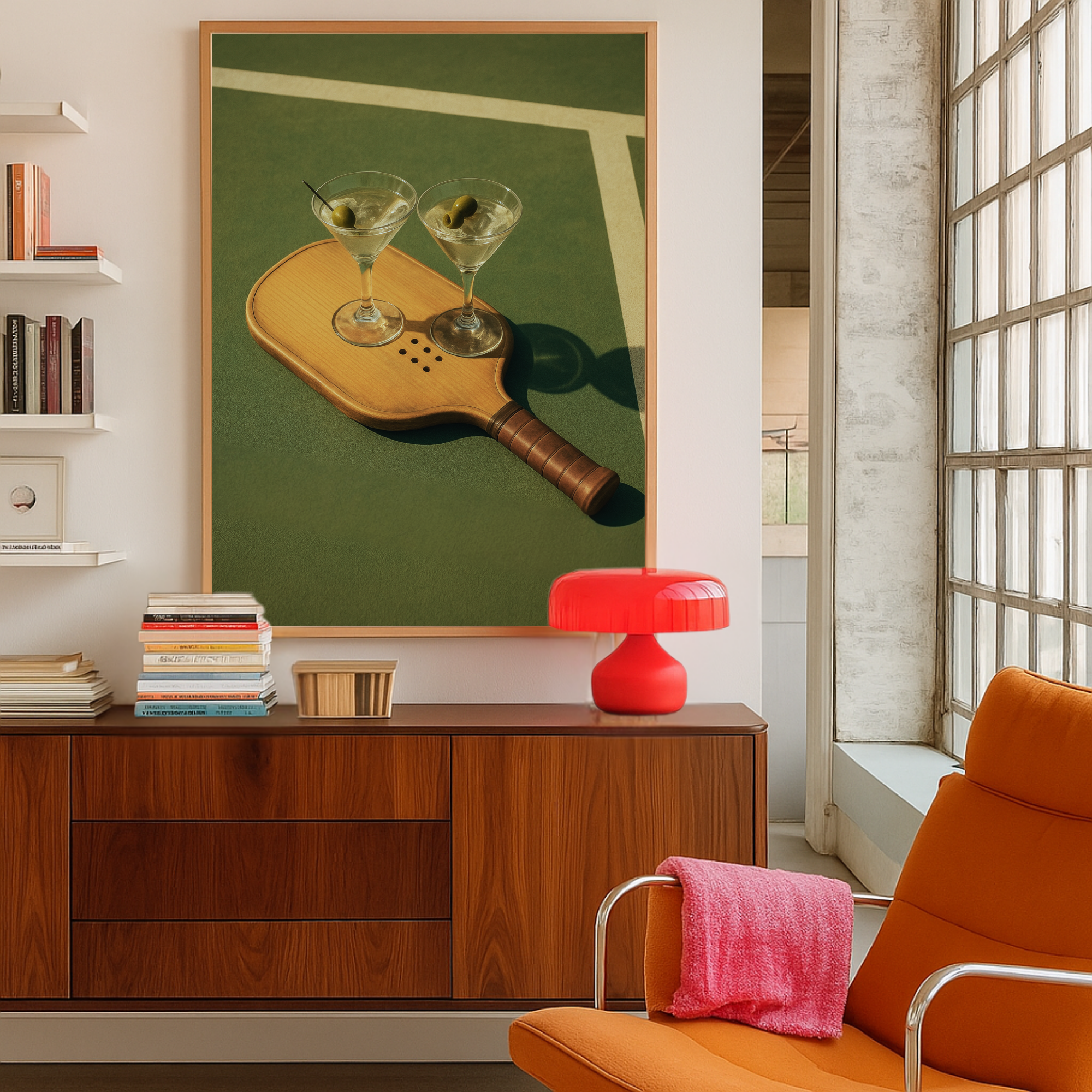 Vintage-style pickleball wall art print showing a paddle with garnished martini glasses on a green court background. Retro illustration for home or bar decor.