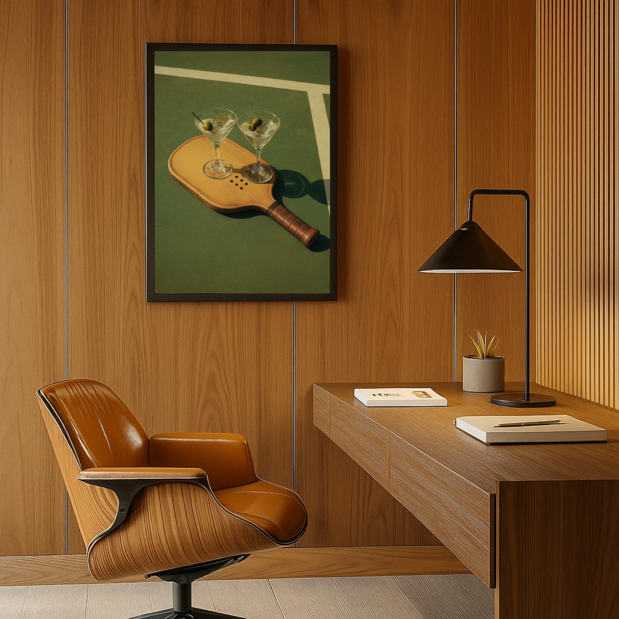 Vintage-style pickleball wall art print showing a paddle with garnished martini glasses on a green court background. Retro illustration for home or bar decor.