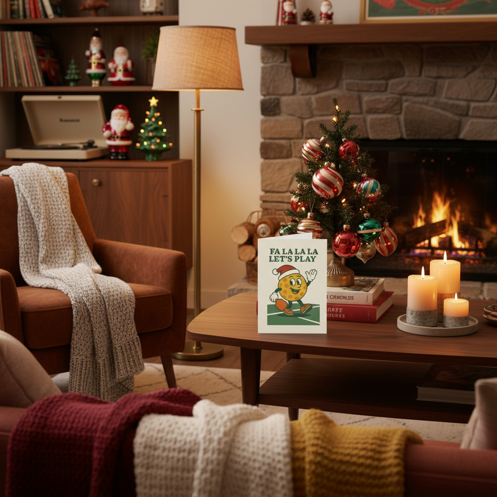 Holiday Christmas Themed Pickleball Greeting Card in cozy vintage living room