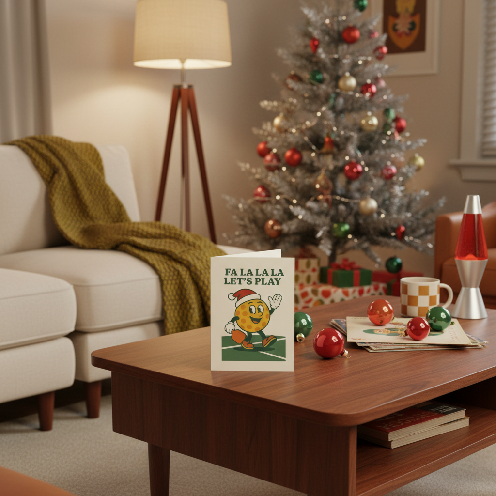 Holiday Christmas Themed Pickleball Greeting Card with vintage retro decor